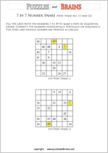 printable very difficult 7 by 7 Hidato Number Snake puzzles for young and old