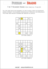 printable very difficult 7 by 7 Hidato Number Snake puzzles for young and old