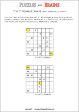 printable very difficult 7 by 7 Hidato Number Snake puzzles for young and old