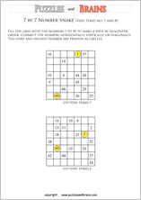 printable very difficult 7 by 7 Hidato Number Snake puzzles for young and old