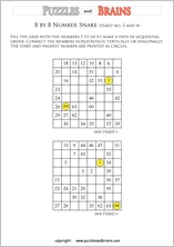 printable difficult 8 by 8 Hidato Number Snake puzzles for young and old