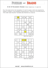 printable very difficult 8 by 8 Hidato Number Snake puzzles for young and old