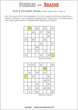 printable very difficult 8 by 8 Hidato Number Snake puzzles for young and old