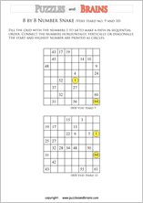 printable very difficult 8 by 8 Hidato Number Snake puzzles for young and old