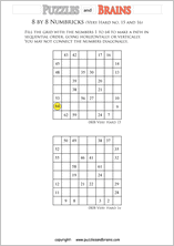 printable 8 by 8 very hard level Numbrix logic IQ puzzles