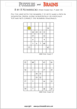 printable 8 by 8 very hard level Numbrix logic IQ puzzles