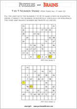printable very difficult 9 by 9 Hidato Number Snake puzzles for young and old