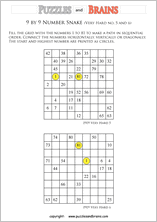 printable very difficult 9 by 9 Hidato Number Snake puzzles for young and old