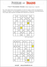 printable very difficult 9 by 9 Hidato Number Snake puzzles for young and old