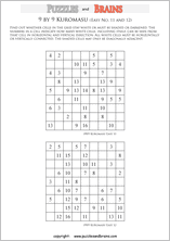 printable easier 9 by 9 Kuromasu logic puzzles for young and old