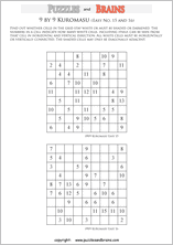 printable easier 9 by 9 Kuromasu logic puzzles for young and old