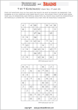 printable easier 9 by 9 Kuromasu logic puzzles for young and old