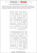 printable easier 9 by 9 Kuromasu logic puzzles for young and old