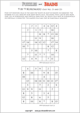printable easier 9 by 9 Kuromasu logic puzzles for young and old