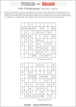 printable easier 9 by 9 Kuromasu logic puzzles for young and old