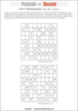 printable easier 9 by 9 Kuromasu logic puzzles for young and old