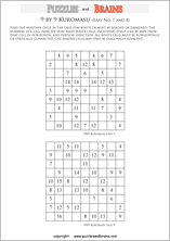 printable easier 9 by 9 Kuromasu logic puzzles for young and old