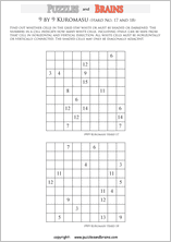 printable difficult level 9 by 9 Kuromasu logic puzzles for young and old