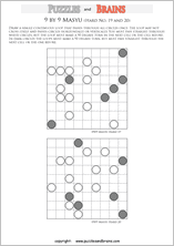 printable difficult level 9 by 9 Japanese Masyu Circles logic puzzles for young and old.