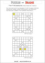 printable 9 by 9 very hard level Numbrix logic IQ puzzles