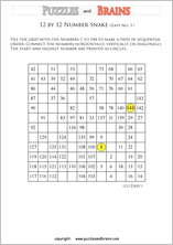 printable easier 12 by 12 Hidato Number Snake puzzles for young and old