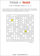 printable easier 12 by 12 Hidato Number Snake puzzles for young and old
