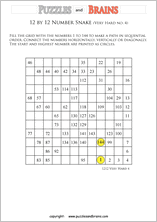 printable very difficult 12 by 12 Hidato Number Snake puzzles for young and old