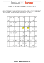 printable very difficult 12 by 12 Hidato Number Snake puzzles for young and old