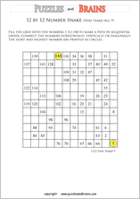 printable very difficult 12 by 12 Hidato Number Snake puzzles for young and old