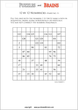 printable 12 by 12 difficult level Numbrix logic IQ puzzles