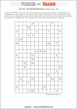 printable difficult level 12 by 18 Kuromasu logic puzzles for young and old