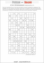 printable medium level 12 by 18 Kuromasu logic puzzles for young and old