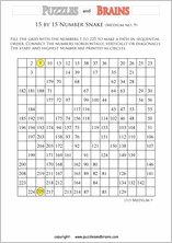 printable medium 15 by 15 Hidato Number Snake puzzles for young and old