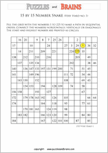 printable very difficult 15 by 15 Hidato Number Snake puzzles for young and old