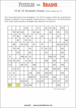 printable very difficult 15 by 15 Hidato Number Snake puzzles for young and old