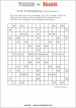 printable 15 by 15 very hard level Numbrix logic IQ puzzles