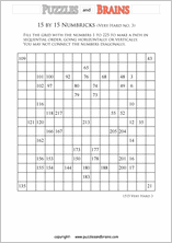 printable 15 by 15 very hard level Numbrix logic IQ puzzles