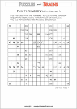 printable 15 by 15 very hard level Numbrix logic IQ puzzles